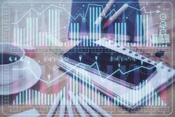 Double exposure of forex chart drawing and cell phone background. Concept of financial trading