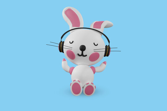 A cute rabbit who listens to music with headphones on.
3d rendering
