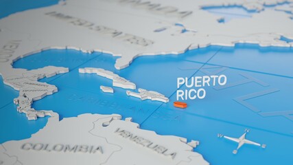 Puerto Rico highlighted on a white simplified 3D world map. Digital 3D render.