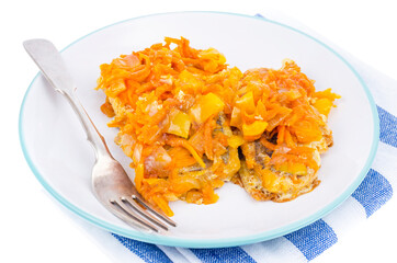White fish fillet with stewed vegetables. Photo