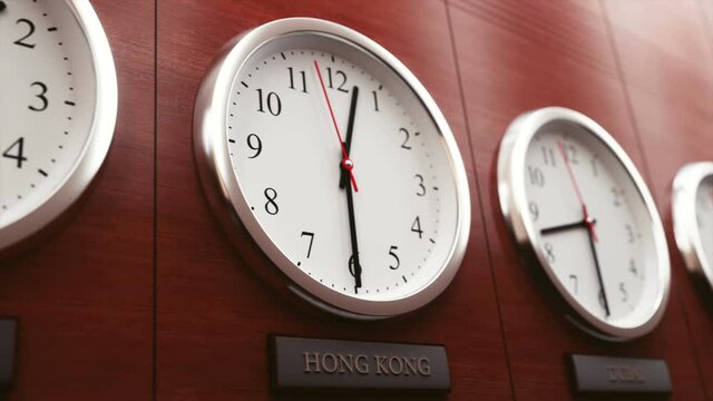 World wide time zone clock. Clocks on the wall, showing the time around the world.