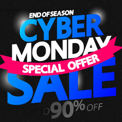 Naklejka na ściany i meble Cyber Monday Sale, up to 90% off, poster design template, special offer, end of season, vector illustration