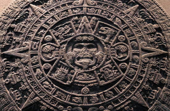 Aztec sun calendar stone is a monolithic sculpture excavated under main square Zocalo of Mexico City, Mexico.