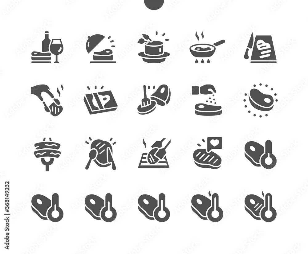 Poster steak well-crafted pixel perfect vector solid icons 30 2x grid for web graphics and apps. simple min