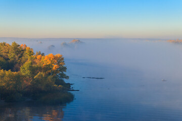 View on the Dnieper river in fog in the morning at autumn
