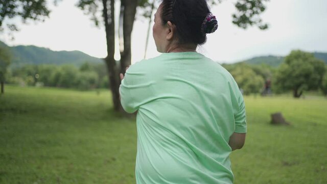Asian old woman doing tai chi martial arts dance exercise alone at the park, wellness well being, retired life, slow and balancing movement relax calm peaceful, feeling environment surrounding 