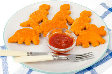 Dishes of baby food, fast food, nuggets. Studio Photo