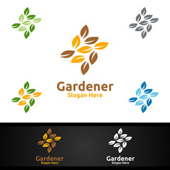 Fototapeta na wymiar Gardener Logo with Green Garden Environment or Botanical Agriculture