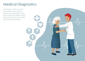 Elderly medical diagnostics, doctor consultation concept. Doctor take care and encourage old patient woman after medical check up. Idea for healthcare and medical service for old senior people.