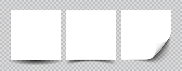 Collection of white note papers with curled corner ready for your message. Realistic vector illustration of sticky post it paper isolated on gray background close up.