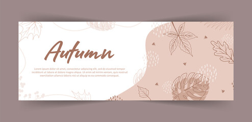 Web banner. Abstract horizontal background with autumn elements, geometric shapes, plants and leaves in one line style. Vector minimalistic illustration.