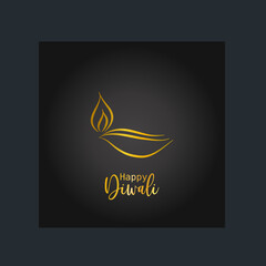 Golden Diwali Diya lamp for India festival (Deepawali). Hand drawn luxury greeting card on black background. Flat vector illustration.