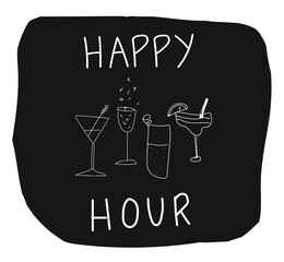 drink menu design, illustration, black and white, handwritten, cocktails, martini, mimosa, champagne, bar sign, margarita, high ball glass, drinks, spirits, happy hour