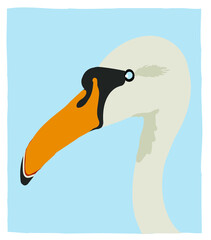 illustration of a cartoon swan, abstract, goose, heron, crane, sky blue, portrait, silhouette, art, drawing, graceful, colorful, playful bird
