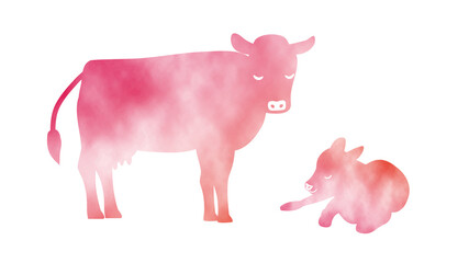 水彩 牛の親子のイラスト ピンク