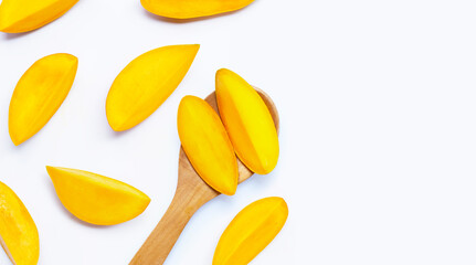 Tropical fruit, Mango slices on white background.