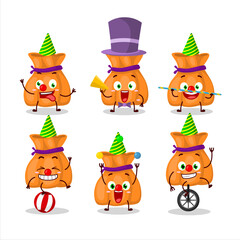 Cartoon character of orange candy sack with various circus shows
