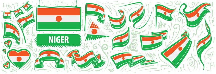 Vector set of the national flag of Niger in various creative designs