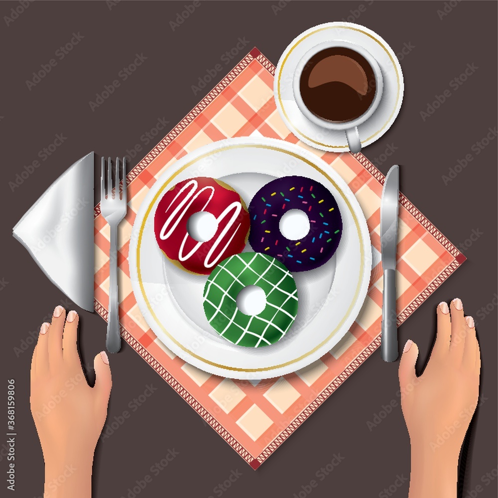 Sticker doughnuts on table with hands