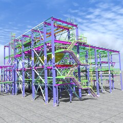 Cover of the construction project of a BIM model of a building made of metal structures. Presentation of the project for the customer, contractor and construction organizer. 3D rendering.