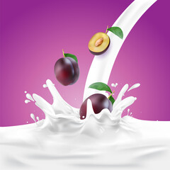 Prune Milk, yogurt splashing vector concept