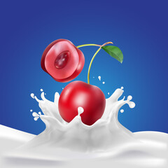 Cherry Milk, yogurt splashing vector concept