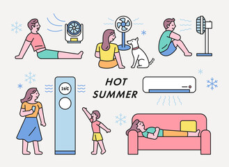 Hot summer people are feeling the cool breeze in front of air conditioners and fans. flat design style minimal vector illustration.
