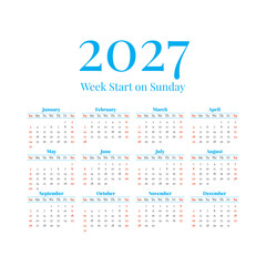 2027 Calendar with the weeks start on Sunday