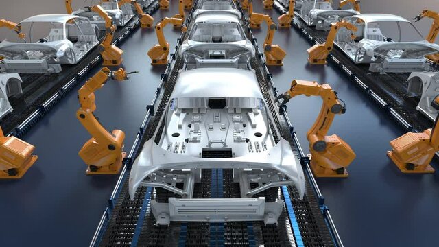 Automation aumobile factory concept with 3d rendering robot assembly line in car factory 4k footage