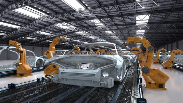 Automation aumobile factory concept with 3d rendering robot assembly line in car factory 4k footage