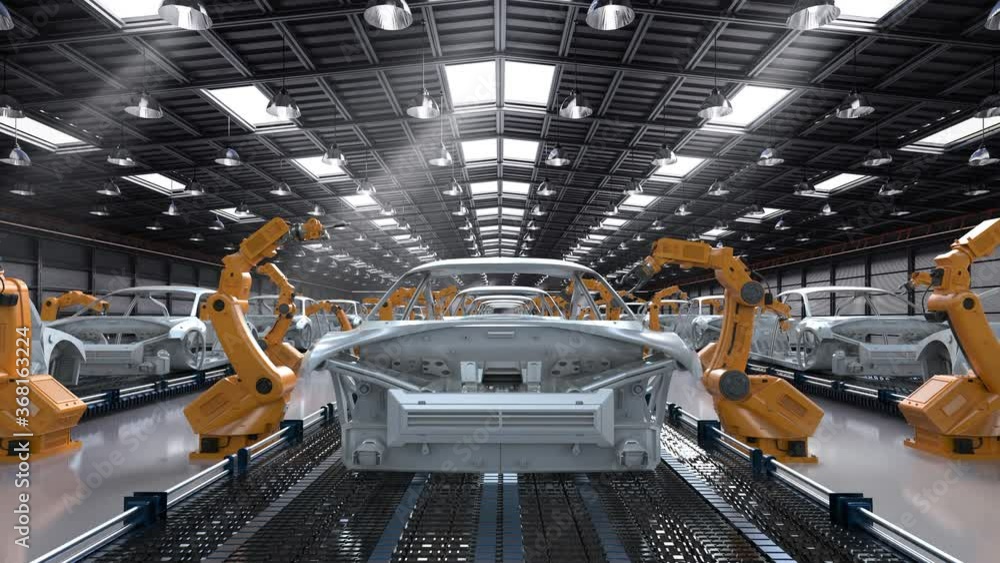 Poster automation aumobile factory concept with 3d rendering robot assembly line in car factory 4k footage
