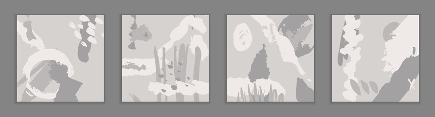 Set of abstract vector backgrounds. Gray templates for social networks. Hand-drawn spots and waves. Handmade ink illustration. Vector texture for design. Jagged grunge lines.