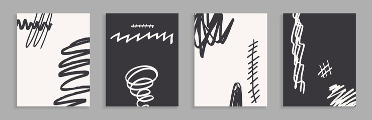 Modern black and white postcards. Set of abstract vector backgrounds. Hand-drawn spots and waves. Handmade ink illustration. Vector texture for design. Jagged grunge lines.
