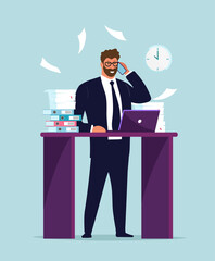 A businessman in a suit works at a laptop at the desk, a lot of papers and documents. Office worker talking on the phone, multitasking, career advancement. Flat vector illustration.