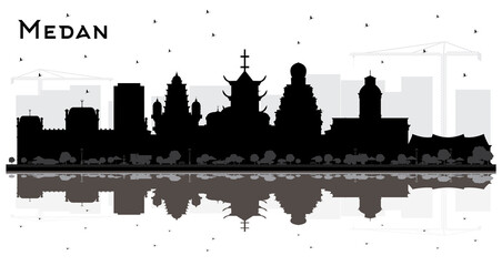 Medan Indonesia City Skyline Silhouette with Black Buildings and Reflections Isolated on White.
