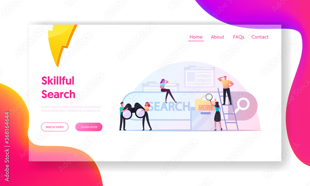 Aufkleber characters search information in internet using browser landing page template. tiny people with huge