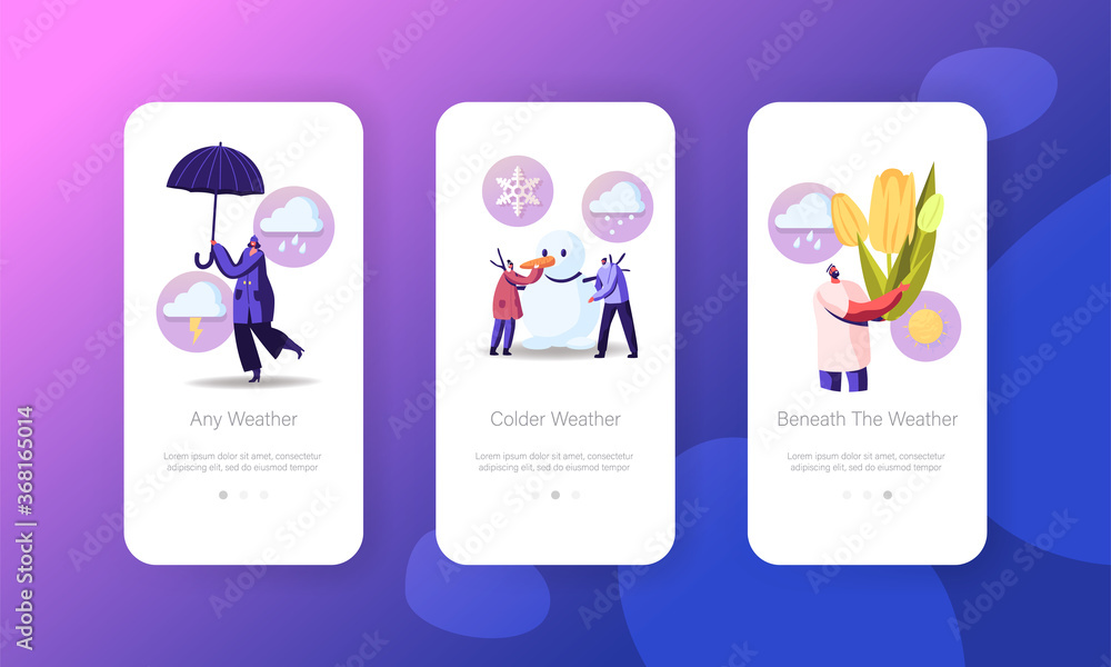 Poster spring or winter weather mobile app page onboard screen template. tiny character holding huge tulip 