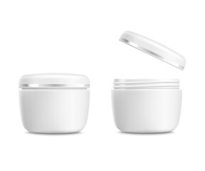 White plastic can of cream with the lid or cap open and closed.