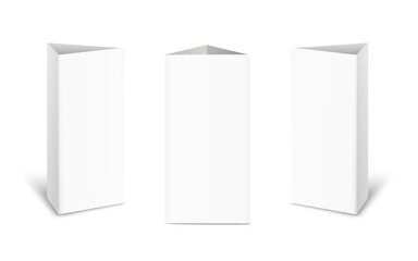 Set of three white empty tent cards made of paper for the table in different views.