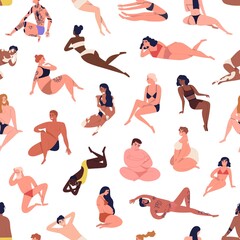 Different figure, multiracial body positive people in beachwear. Pregnant, tattoo, dark skin, fat men, women. Seamless,  endless pattern. Flat cartoon vector illustration isolated on white background