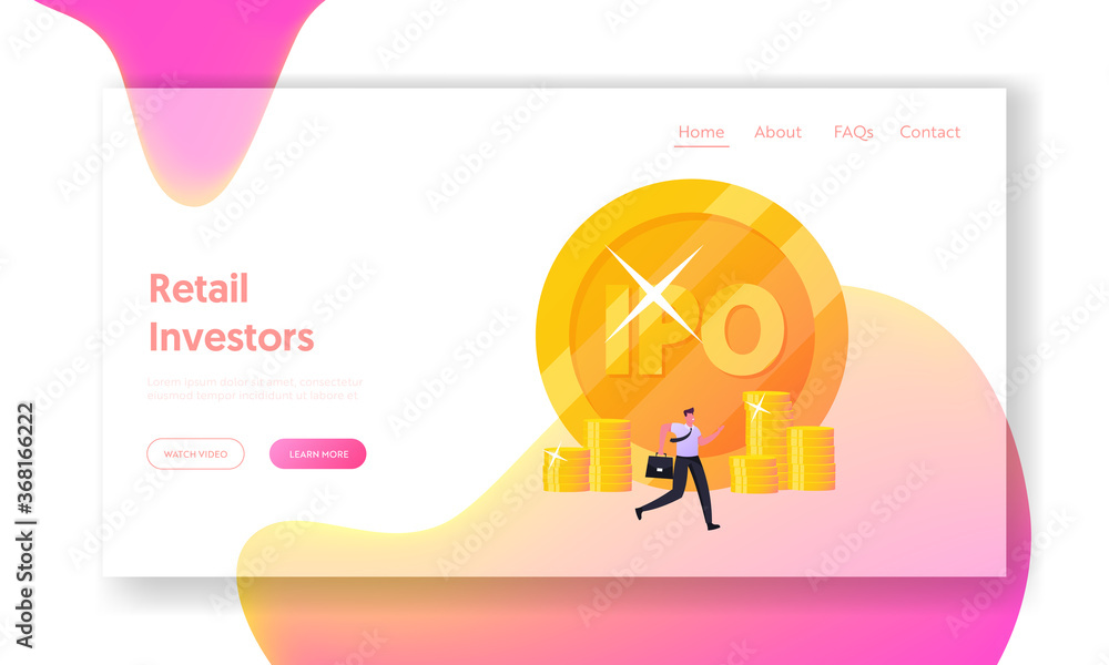 Poster initial public offering landing page template. tiny businessman male character or trader passing by 