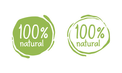 100 natural spiral grungy stamp - marking badge for healthy organic food, vegetarian nutrition - vector isolated emblem