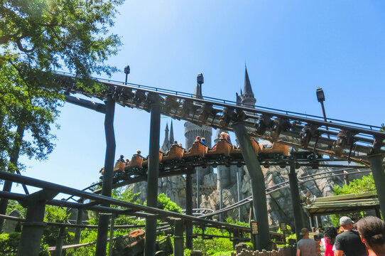 Orlando, Florida, USA - May 09, 2018: Roller Coaster Flight of the Hippogriff. The Wizarding World of Harry Potter. Islands of Adventure. Universal.