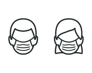 Vector illustration of man and woman wearing medical face mask icons on white background
