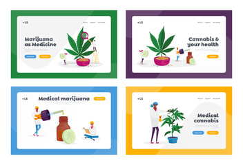 Fototapeta na wymiar Marijuana Medicine Landing Page Template Set Scientist Grow Medical Cannabis Prepare Homeopathic Recipe for Personal Use