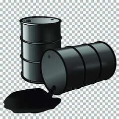Barrel with spilled black liquid on transparent background