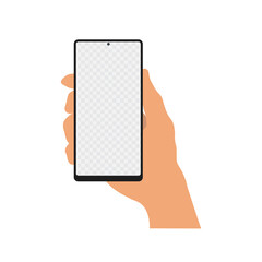 Hand holding realistic smartphone with transparent screen. Vector.