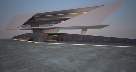 Fototapeta premium Abstract architectural minimalistic background. Modern villa made of black concrete. Сontemporary interior design. Pool patio view to the sea. Backlit evening view. 3D illustration and rendering.