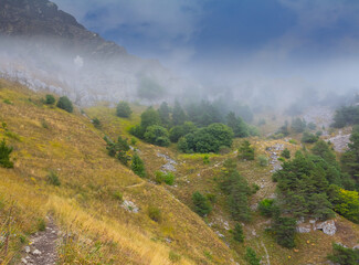 green valley with mountain chain in a mist and snow
