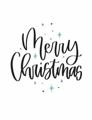 Merry Christmas vector greeting card design with modern calligraphy and snowflakes for a winter holiday.